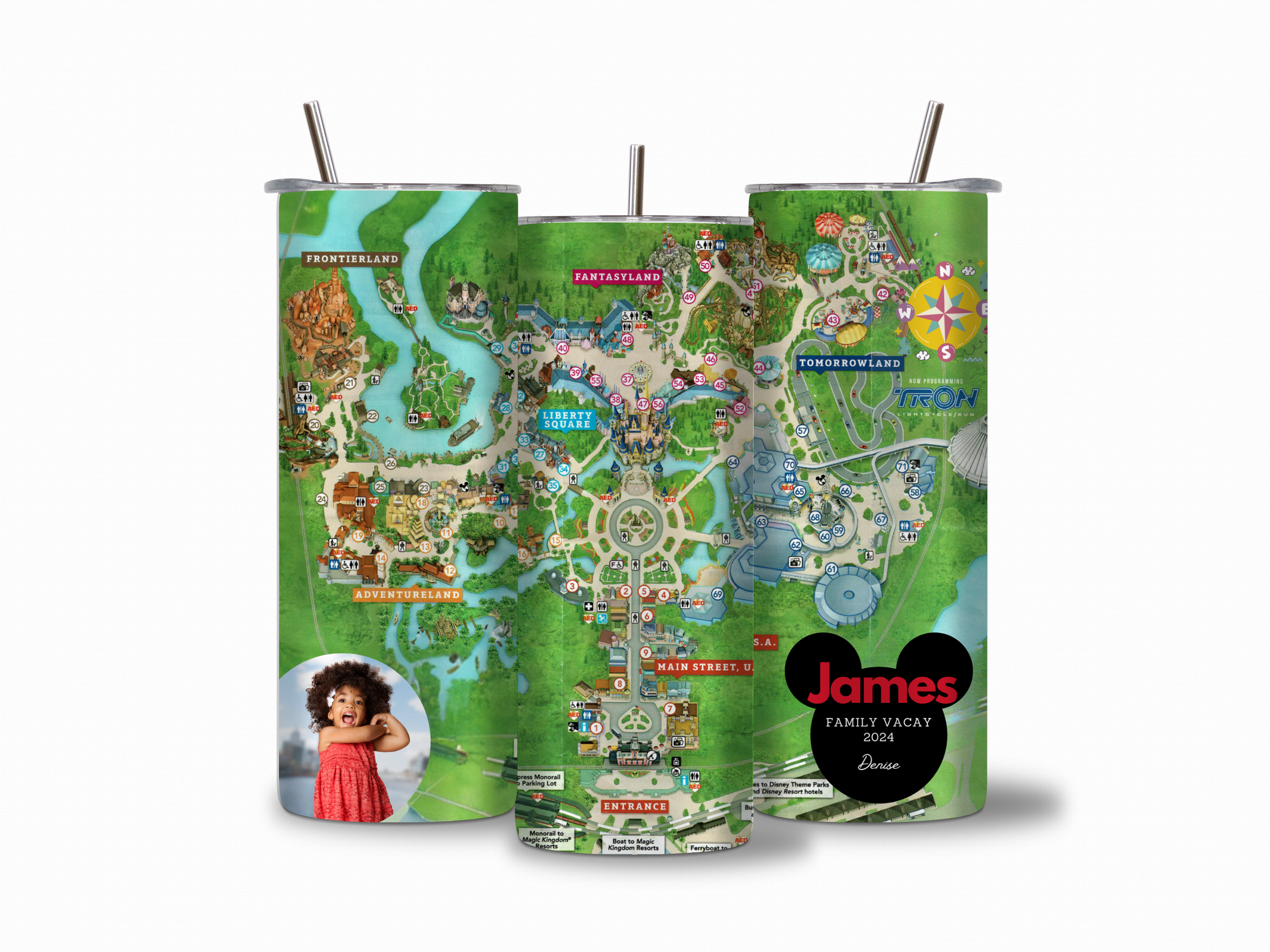 Customized 20 oz family vacation tumbler with map design, personalized photo, and family last name – perfect for Disney trips, travel memories, and matching family drinkware.